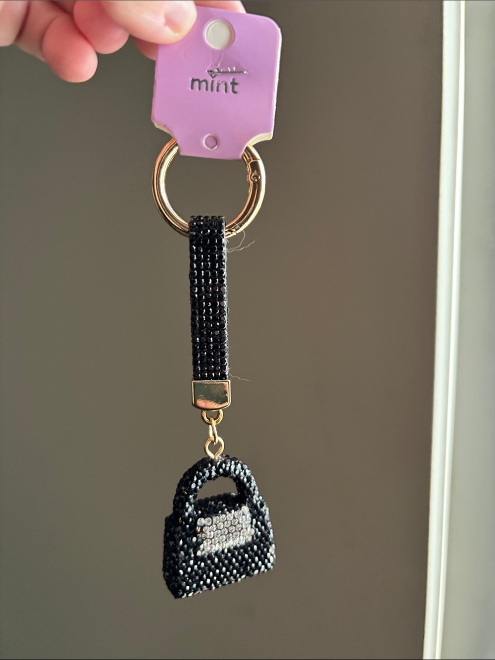 Black Beaded Mini Handbag Keychain with Gold Hardware